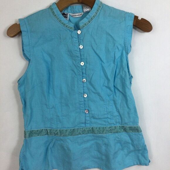 Richard Malcolm Irish Linen Sleeveless Crew Neck Button Up Blouse Top Blue Med - Picture 4 of 12
